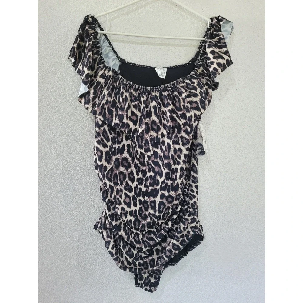 Swim Solutions Off Shoulder Leopard Print Ruffle Swimsuit Black Multi 22W #18 - Picture 1 of 7